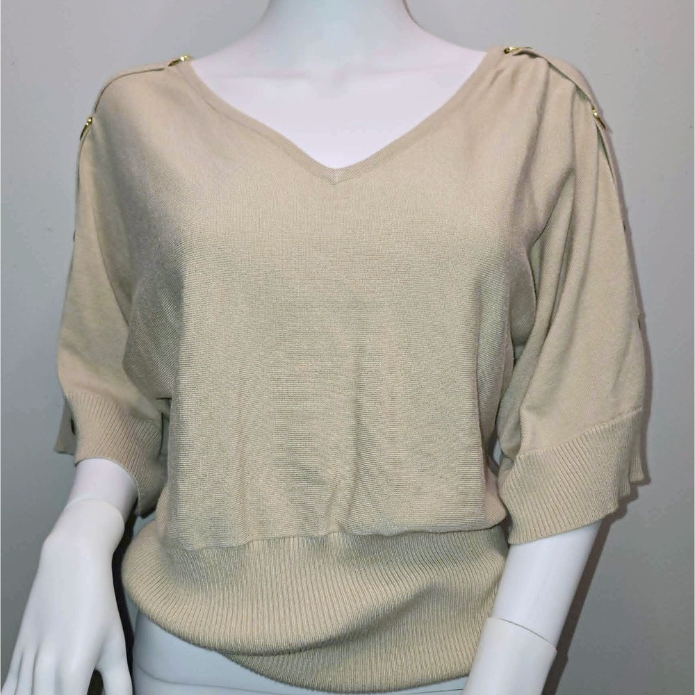 Cable & Gauge Beige Dolman Sweater Gold Ring V Neck Ribbed Tunic Size Unknown